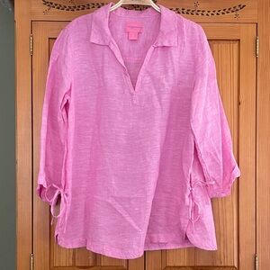 Isaac Mizrahi New York 100% linen blouse loose tunic like side ties pink small